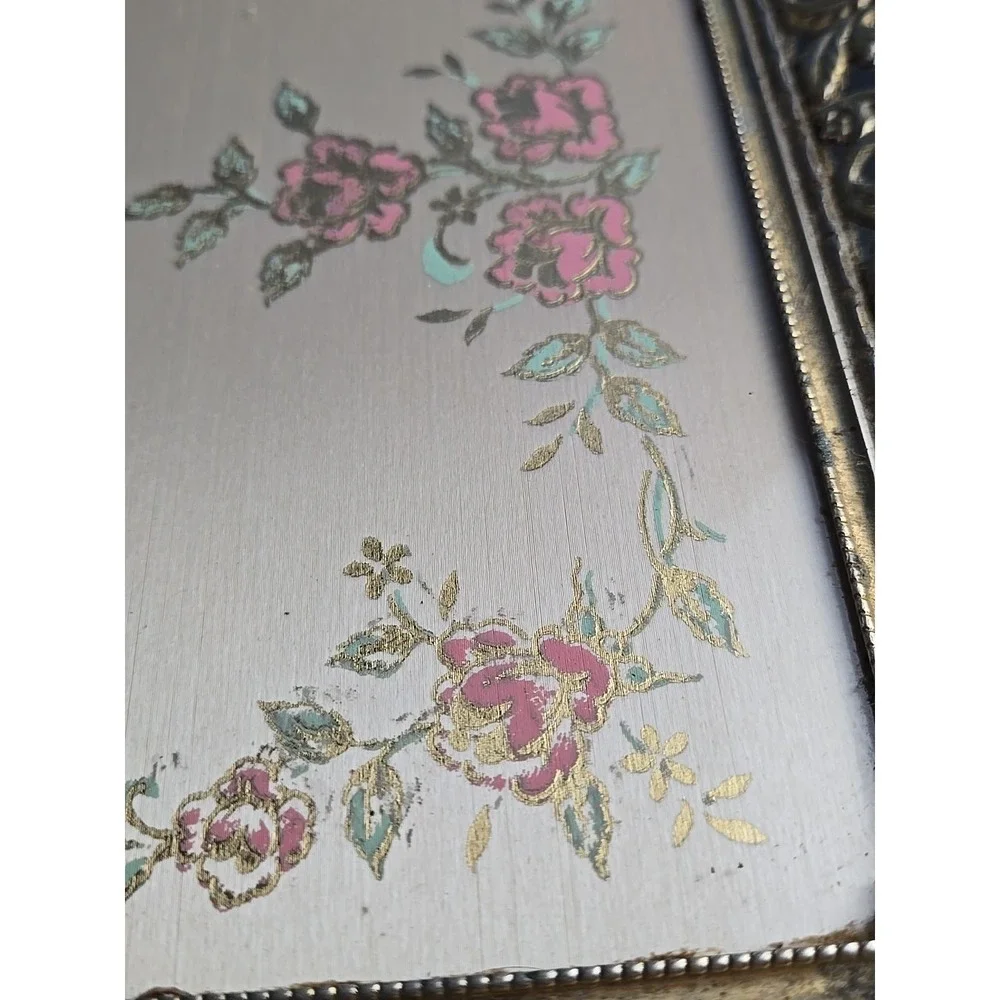 VTG Hollywood Regency Gold Tone Glass Rectangle Vanity Tray Filigree 14.5 x 9.5